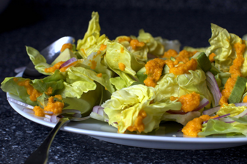 Avocado salad with carrot-ginger dressing
