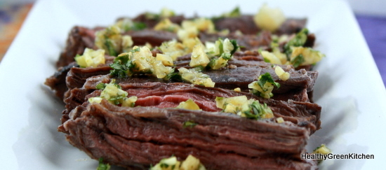 Broiled marinated skirt steak with cilantro and preserved lemon gremolata