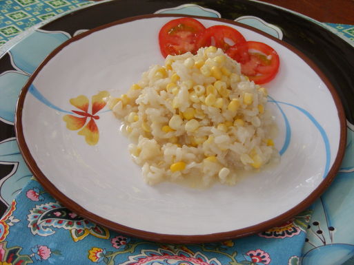 Summer corn risotto in sweet corn broth